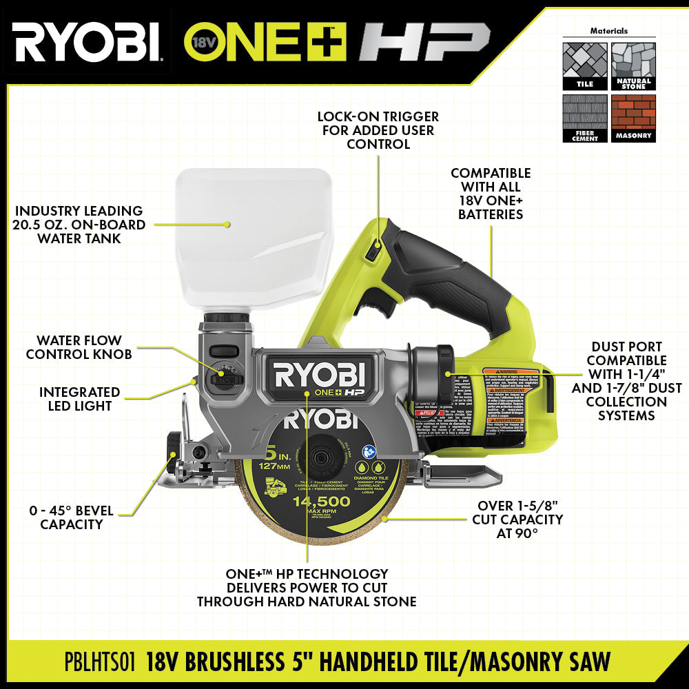 18V ONE+ BRUSHLESS 5" HANDHELD TILE/MASONRY SAW KIT Image 3