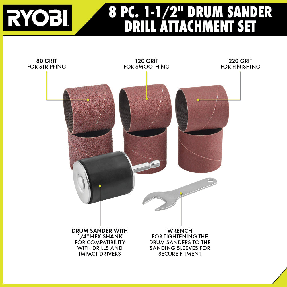 8 PC. 1-1/2" Drum Sander Drill Attachment Set Image 3