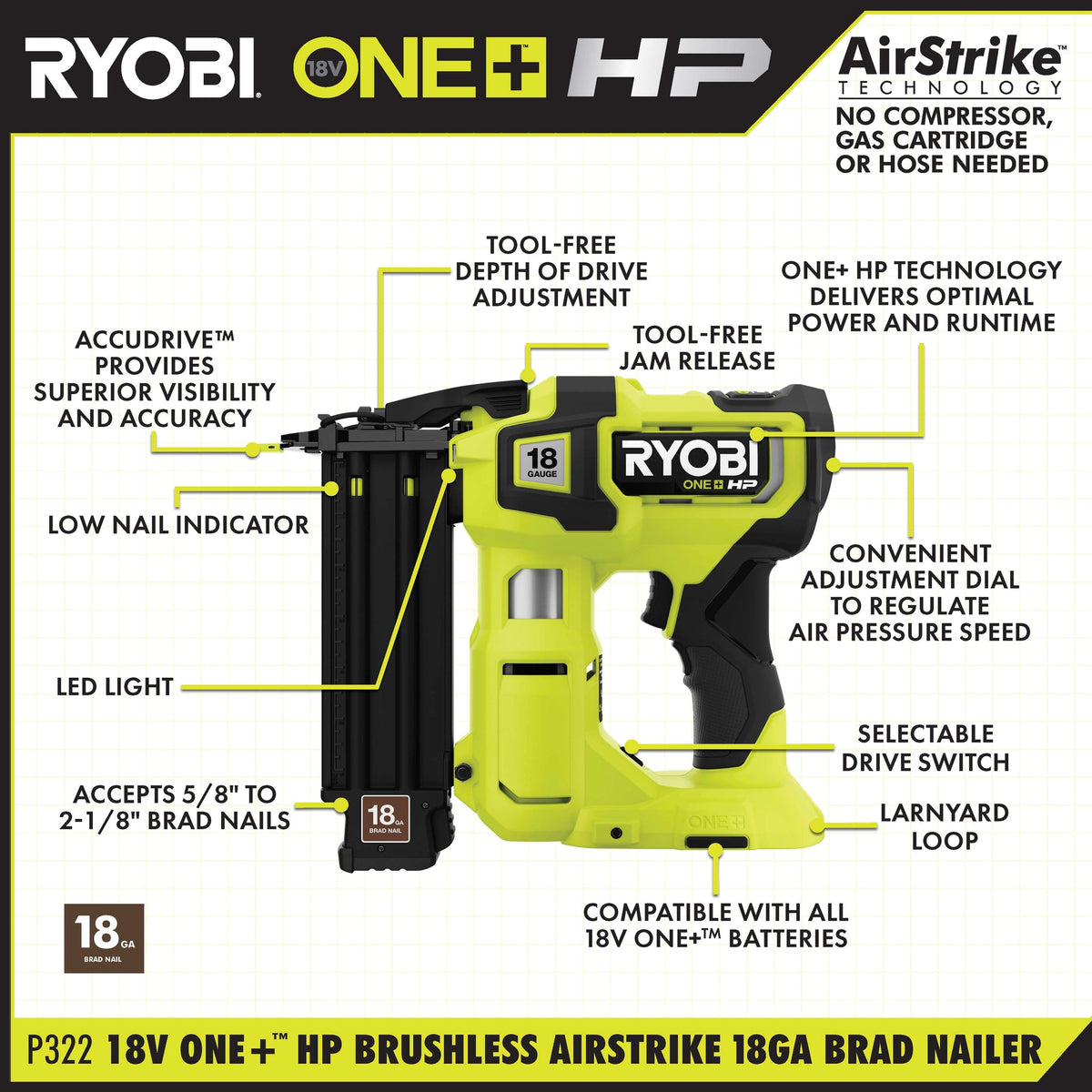18V ONE+ HP BRUSHLESS AIRSTRIKE 18GA BRAD NAILER Image 2
